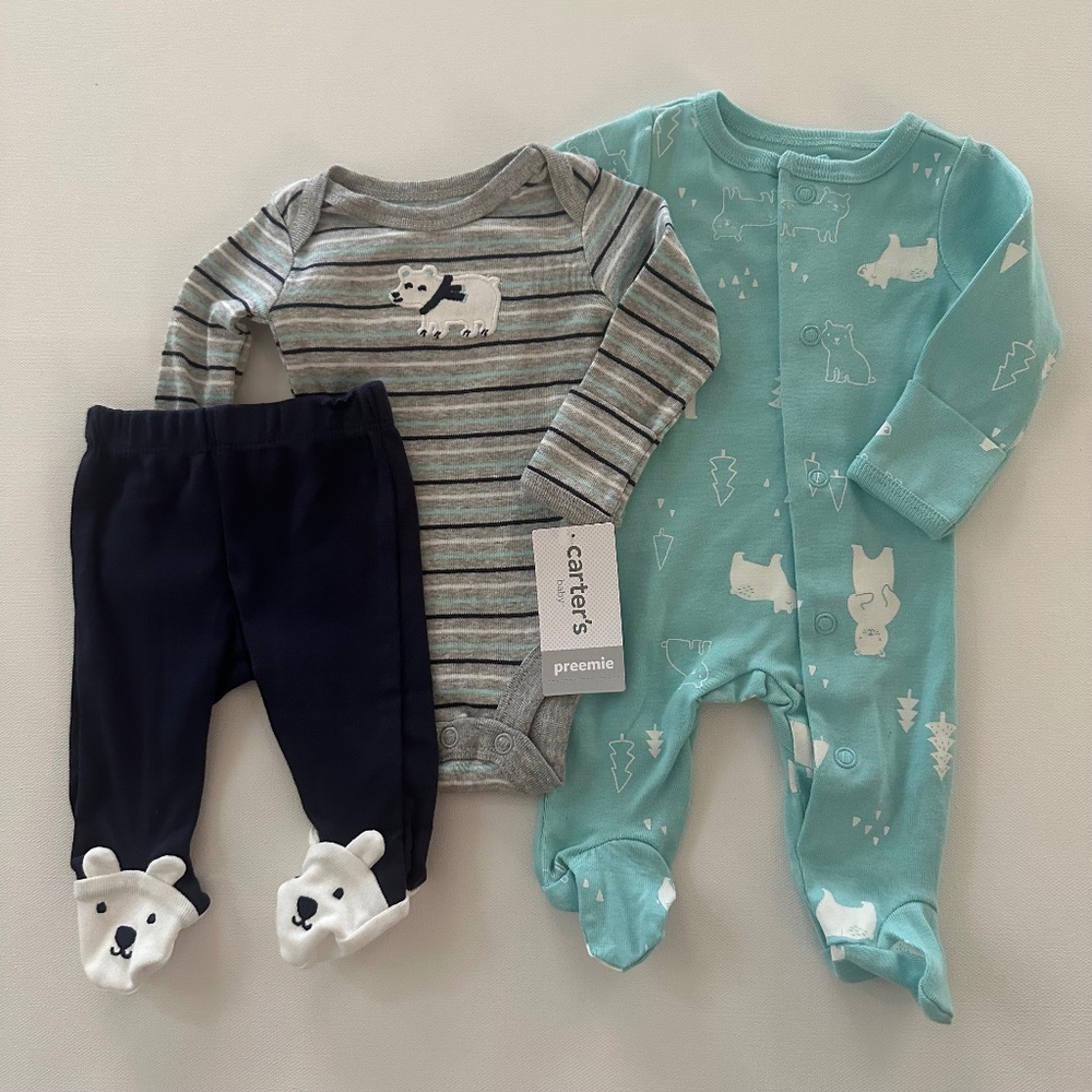Carter’s Preemie Baby Boy Polar Bear Footie Bodysuit Pants Set Outfit NWT